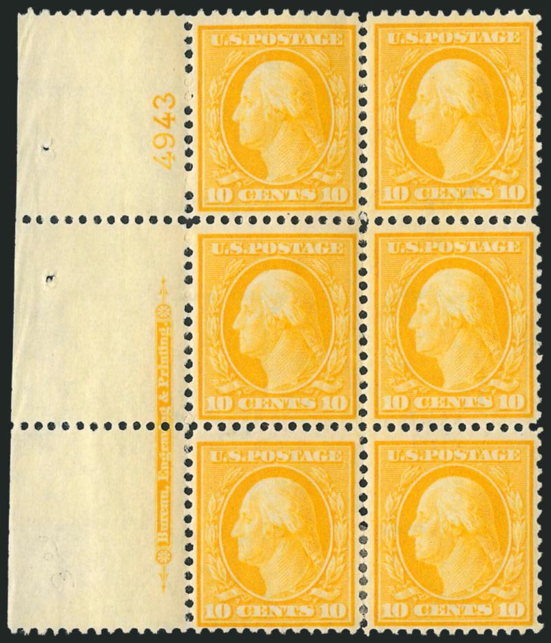 10c Yellow (338).> Left imprint and plate no. 4943 block of six, small h.r., vibrant color, few trivial perf separations sensibly reinforced at bottom, Fine-Very Fine