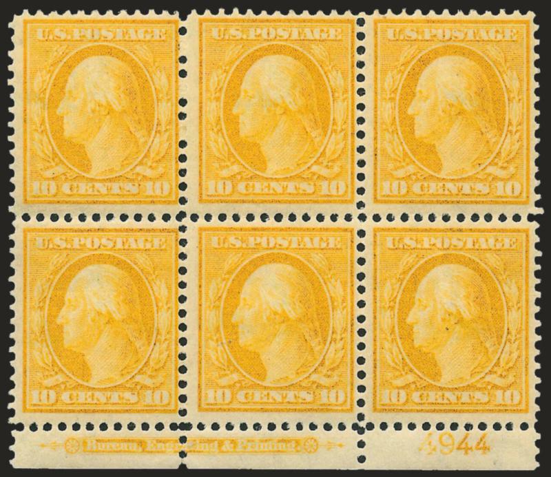 10c Yellow (338).> Mint N.H. bottom imprint and plate no. 4944 block of six, intense shade, fresh and Fine-Very Fine