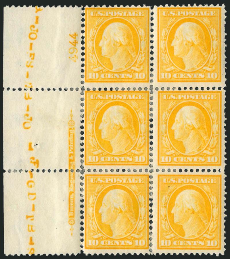 10c Yellow (338).> Left imprint and plate no. 4944 block of six, heavy h.r. throughout where some perf separations reinforced, radiant color, Fine