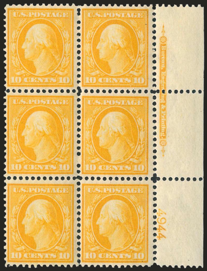 10c Yellow (338).> Right imprint and plate no. 4944 block of six, bottom left stamp small h.r., other five stamps Mint N.H., intense color and impression, Fine-Very Fine