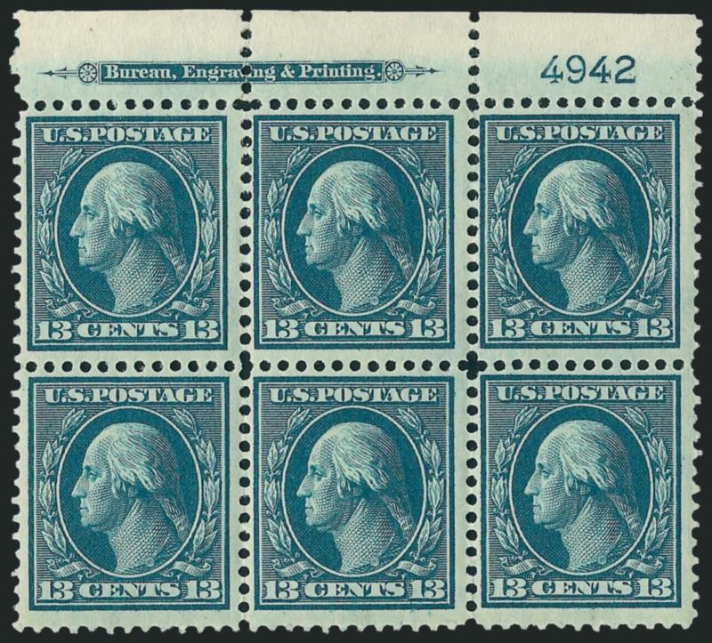 13c Blue Green (339).> Two items, top and bottom imprint and plate no. 4942 blocks of six, first lightly hinged, second with five stamps Mint N.H., rich color, fresh and Fine, Scott Retail with no premium for
the Mint N.H. stamps