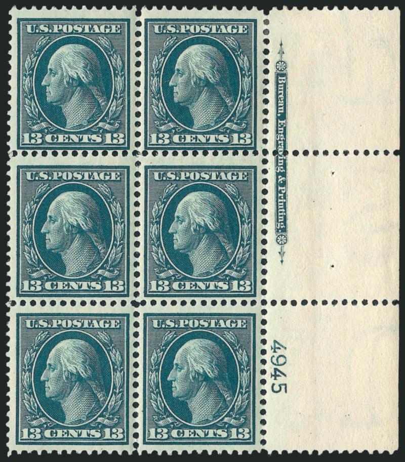 13c Blue Green (339).> Three items, top, left and right imprint and plate no. 4945 blocks of six, couple h.r. where perf separations sensibly reinforced, otherwise Fine-Very Fine