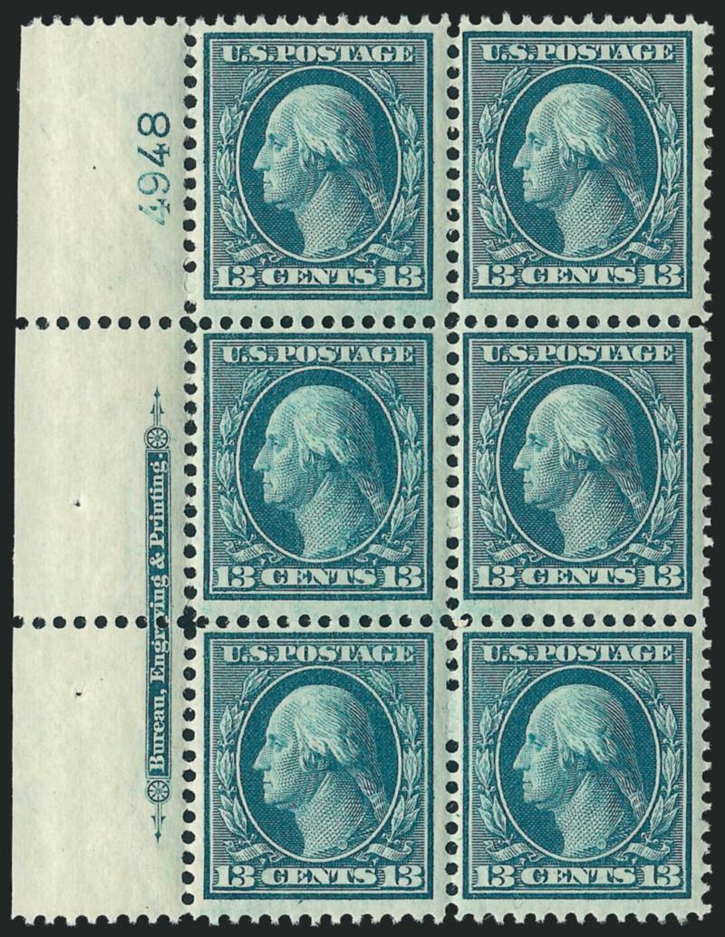 13c Blue Green (339).> Mint N.H. left imprint and plate no. 4948 block of six, bright shade, detailed impression, fresh and Fine-Very Fine