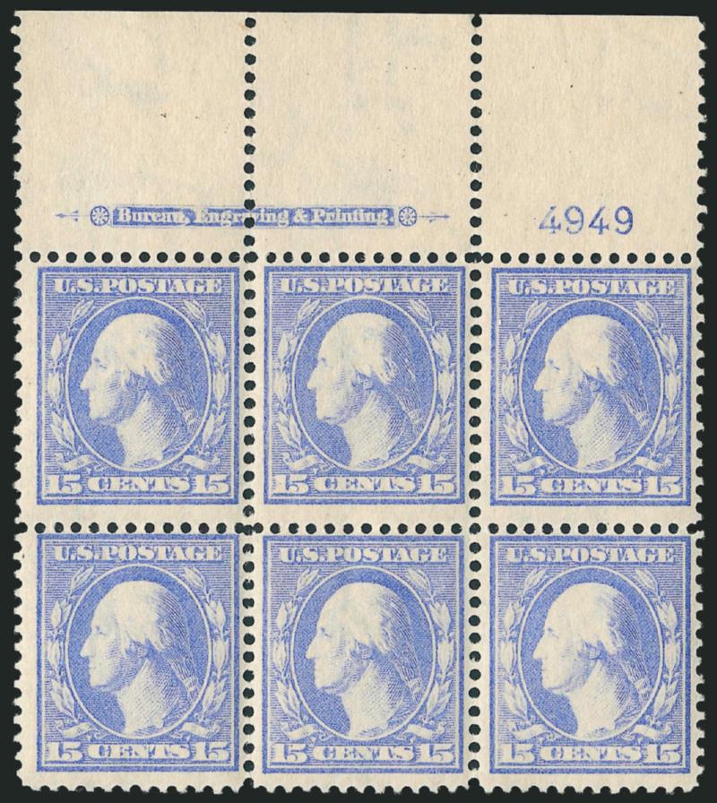 15c Pale Ultramarine (340).> Mint N.H. top imprint and plate no. 4949 block of six with wide selvage, radiant color, right stamps natural vertical gum crease, Fine
