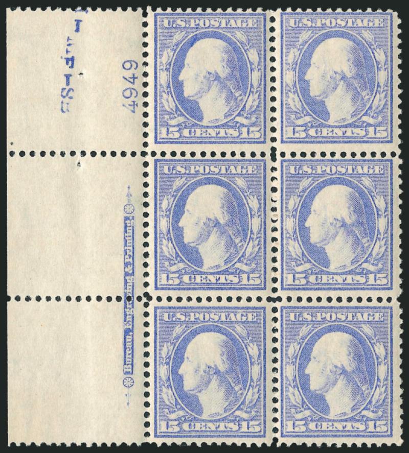 15c Pale Ultramarine (340).> Mint N.H. left imprint and plate no. 4949 block of six with wide selvage, bright shade, unusual extra ink at top of top left stamp, Fine-Very Fine