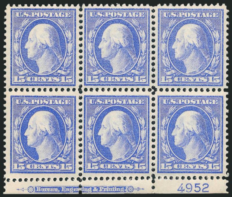 15c Pale Ultramarine (340).> Mint N.H. bottom imprint and plate no. 4952 block of six, bright shade and crisp impression, naturally short gum in few spots on bottom stamps, Very Fine