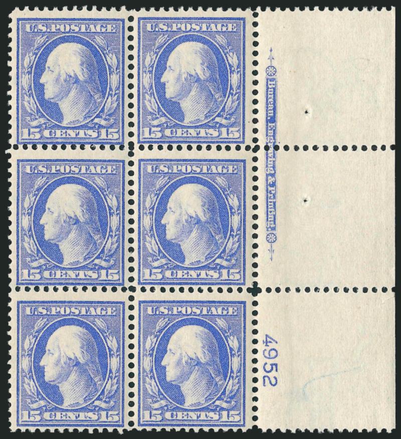 15c Pale Ultramarine (340).> Mint N.H. right imprint and plate no. 4952 block of six with wide selvage, detailed impression, fresh and Fine