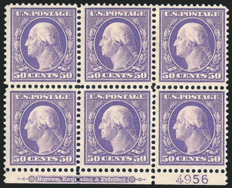 50c Violet (341).> Bottom imprint and plate no. 4956 block of six, lightly hinged, pretty shade<><>^FINE-VERY FINE. AN ATTRACTIVE PLATE BLOCK OF THE 50-CENT 1909 DOUBLE-LINE WATERMARKED WASHINGTON ISSUE.^<><>We
have only offered five other Scott
