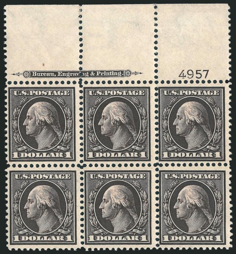 $1.00 Violet Brown (342).> Mint N.H. top imprint and plate no. 4957 block of six with wide selvage, deep rich color and proof-like impression<><>^FINE. AN EXCEEDINGLY RARE MINT NEVER-HINGED PLATE BLOCK OF THE
$1.00 WASHINGTON. THIS IS ONE OF THE RA