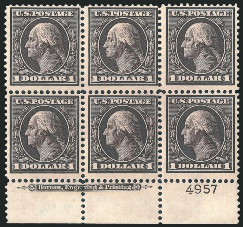 $1.00 Violet Brown (342).> Bottom imprint and plate no. 4957 block of six, lightly hinged, intense shade and impression<><>^FINE. AN EXCEEDINGLY RARE IMPRINT AND PLATE NUMBER BLOCK OF THE $1.00 1909 WASHINGTON
ISSUE.^<><>Excluding the Bluish Pape
