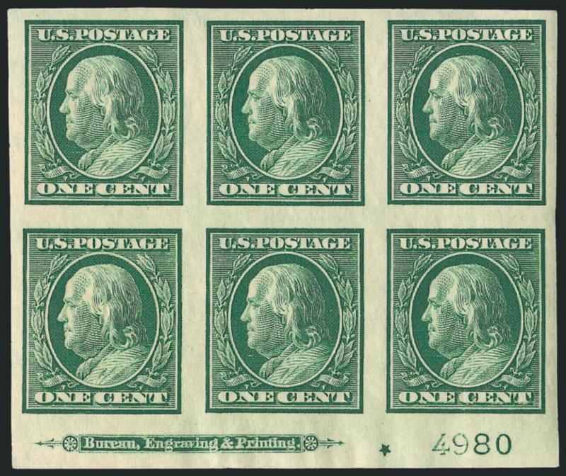 1c Green, Imperforate (343).> Bottom imprint, plate no. 4980 and small solid star block of six, unobtrusive adherence on bottom stamps, large even margins, intense shade and impression, Extremely Fine