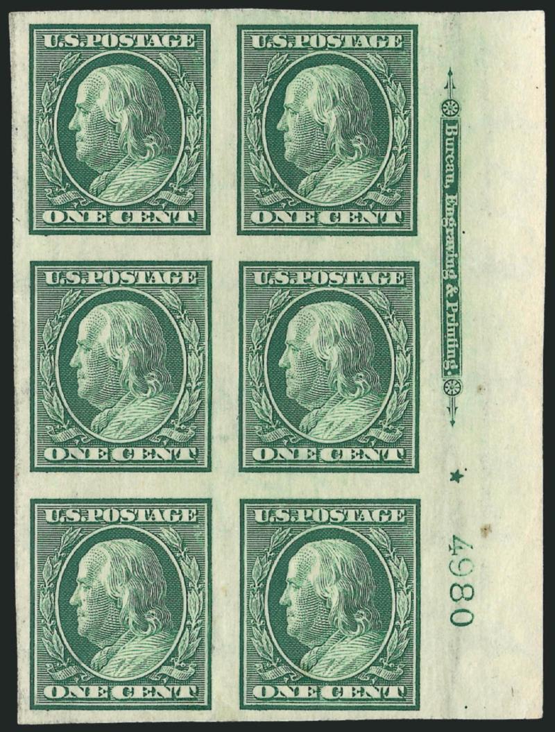 1c Green, Imperforate (343).> Right imprint, plate no. 4980 and small solid star block of six, large to huge margins, light diagonal crease, appears Very Fine