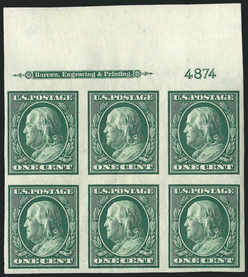 1c Green, Imperforate (343).> 20 imprint and plate no. blocks of six, plate nos. 4874 (3), 4875 (3), 4880 (top and bottom), 4889 (3), 4892 (all four positions), 4894, 4899 (2), 4900 (2), h.r., few stamps Mint
N.H., different shades, large margins, Ve