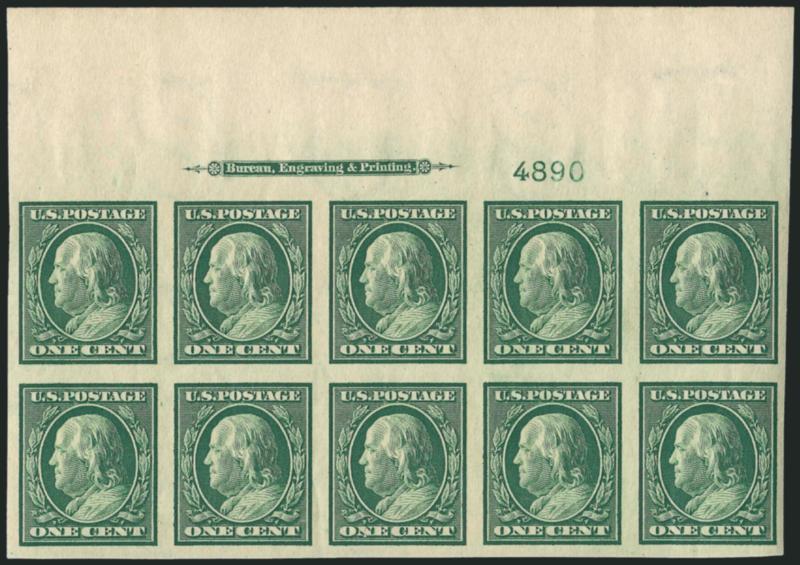 1c Green, Imperforate (343).> Twelve Mint N.H. imprint and plate no. blocks of six, plate nos. 4890 (top, left and right), 4894 (top, left and right), 4974 (two left and a right) and 4975 (bottom, left and
right), large margins, rich colors, Very Fin