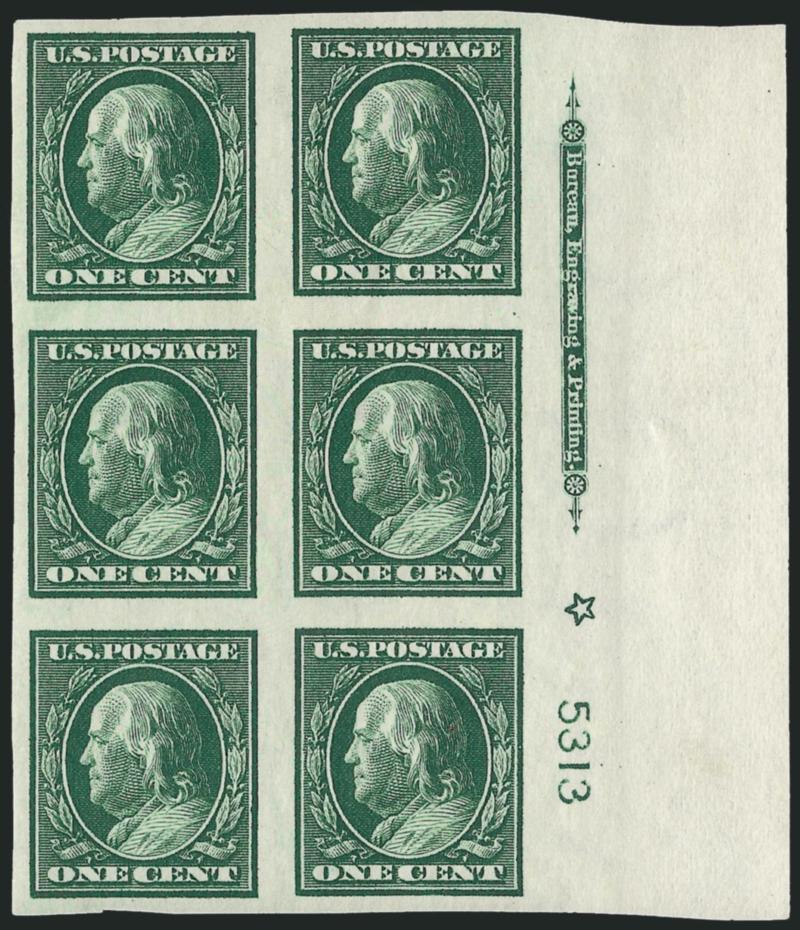 1c Green, Imperforate (343).> 20 imprint, plate no. and star blocks of six, plate nos. 5301, 5313 (sides), 5320 (sides and bottom), 5322 (top and left), 5336 (sides and top), 5352 (top, bottom and right), 5359
(all four positions) and 5373 (left and