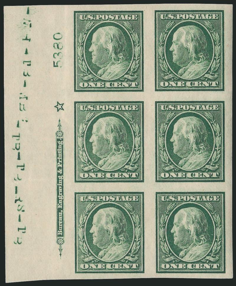 1c Green, Imperforate (343).> Ten imprint, plate no. and star blocks of six, plate nos. 5373, 5380 (all four positions), 5414, 5488 (bottom and sides) and 5491, large margins, unusual difference in some shades,
some h.r., some stamps Mint N.H., few w