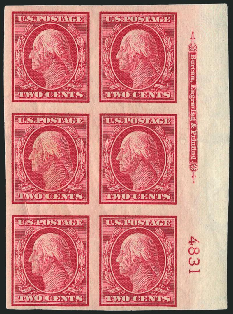 2c Carmine, Imperforate (344).> 20 imprint and plate no. blocks of six, plate nos. 4831 (sides), 4833 (top and right), 4856 (top and sides), 4858 (top and sides), 4862, 4864, 4865 (all four positions), 4866
(bottom and right) and 4868 (bottom and lef