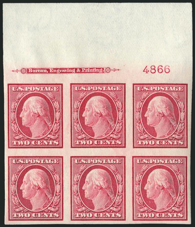 2c Carmine, Imperforate (344).> Twelve Mint N.H. imprint and plate no. blocks of six, plate nos. 4864 (top and right), 4866 (top and left), 4873, 4878, 4884, 4887, 4896 and 4905 (top and bottom), large margins,
Very Fine-Extremely Fine