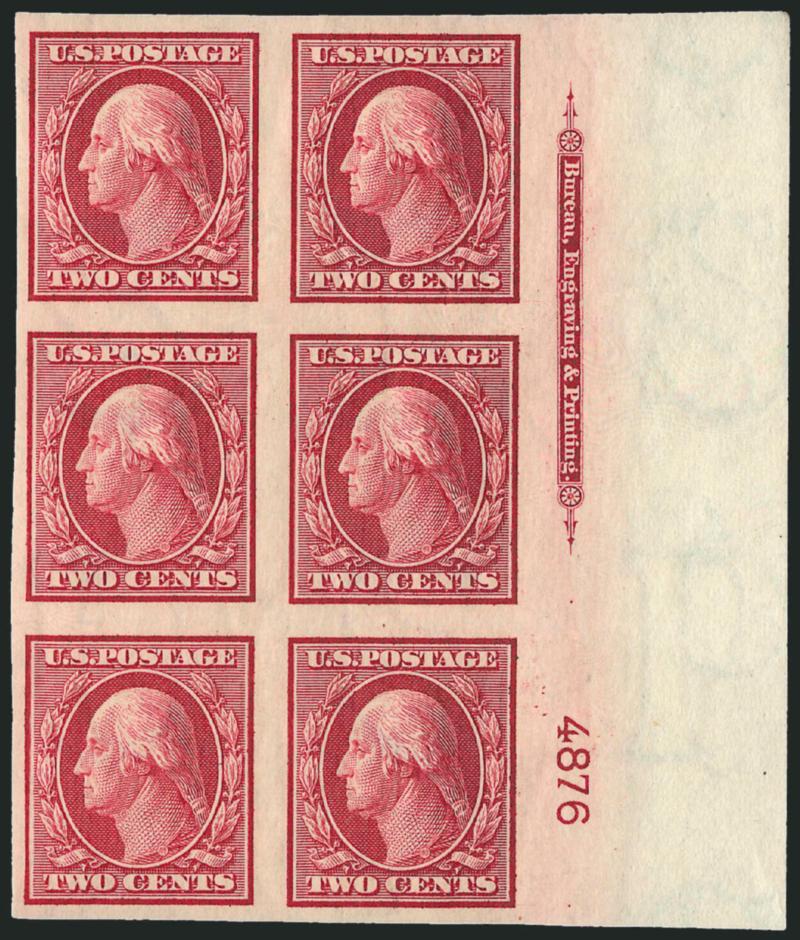 2c Carmine, Imperforate (344).> 25 imprint and plate no. blocks of six, plate nos. 4876 (sides and top), 4878 (top, bottom and right), 4879 (sides and bottom), 4883 (all four positions), 4884 (top, bottom and
right), 4887, 4893 (all four positions),
