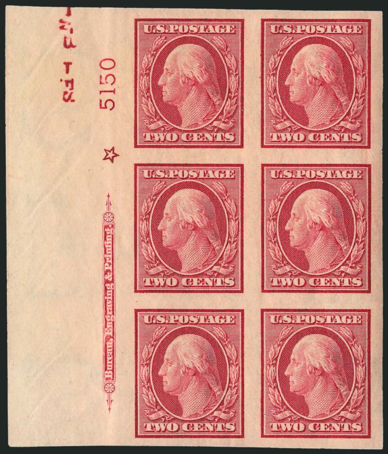 2c Carmine, Imperforate (344).> 18 imprint, plate no. and star blocks of six, plate nos. 5150 (bottom and left), 5151 (all four positions), 5155 (all four positions), 5168, 5284 (sides), 5296, 5308 (bottom and
sides) and 5311, few h.r., some stamps M