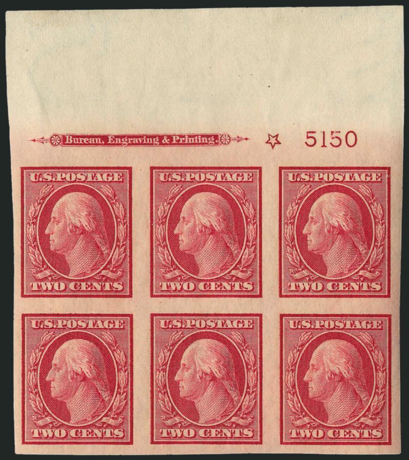 2c Carmine, Imperforate (344).> Six Mint N.H. imprint, plate no. and star blocks of six, plate nos. 5311 (top and bottom), 5150, 5284, 5308 and 5311, large to huge margins, range of shades, Very Fine-Extremely
Fine