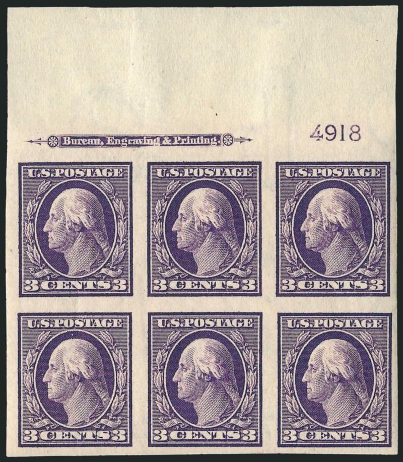 3c Deep Violet, Imperforate (345).> Matched set of four imprint and plate no. 4918 blocks of six, top Mint N.H., bottom h.r., large margins, rich colors, Very Fine and choice