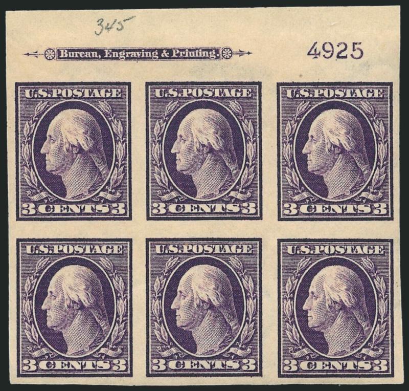 3c Deep Violet, Imperforate (345).> Matched set of four imprint and plate no. 4925 blocks of six, top Mint N.H., bottom and left h.r., large margins, two distinctly different shades, left with natural paper
wrinkle, Very Fine