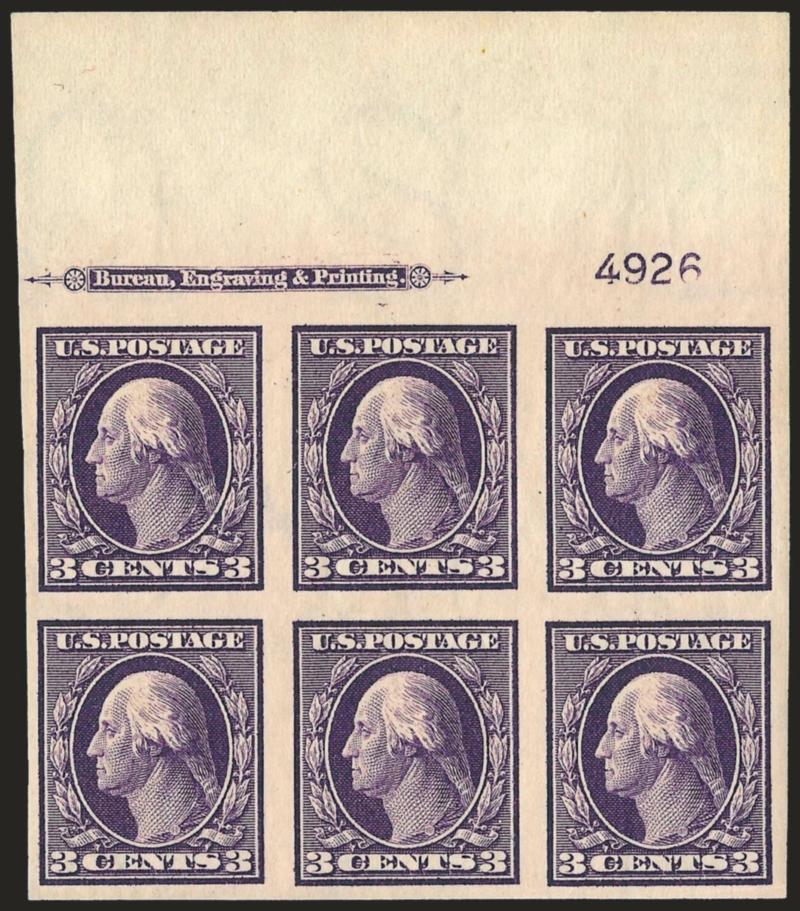 3c Deep Violet, Imperforate (345).> Matched set of four imprint and plate no. 4926 blocks of six, left Mint N.H., right and bottom h.r., top lightly hinged, large margins, rich colors, Very Fine and
choice