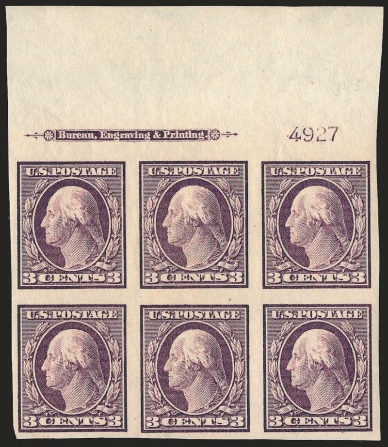 3c Deep Violet, Imperforate (345).> Matched set of four imprint and plate no. 4927 blocks of six, left Mint N.H., large margins to full, top is a distinctly different shade, Very Fine