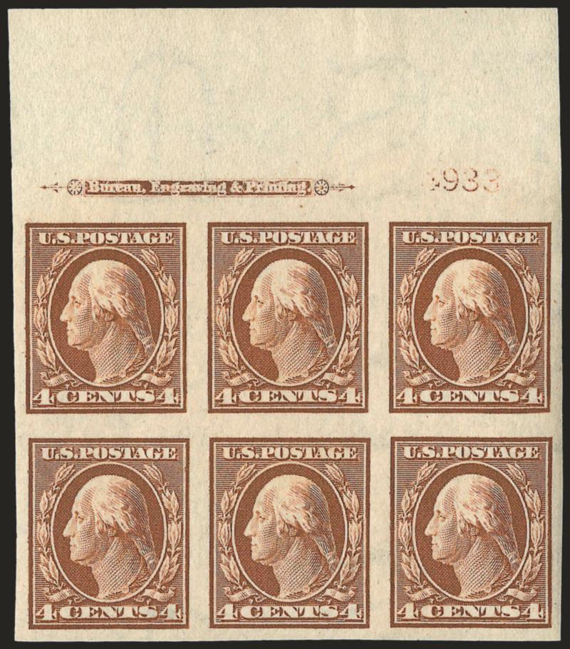 4c Orange Brown, Imperforate (346).> Matched set of four imprint and plate no. 4933 blocks of six, top and left Mint N.H., others h.r., large to huge margins, fresh and Very Fine