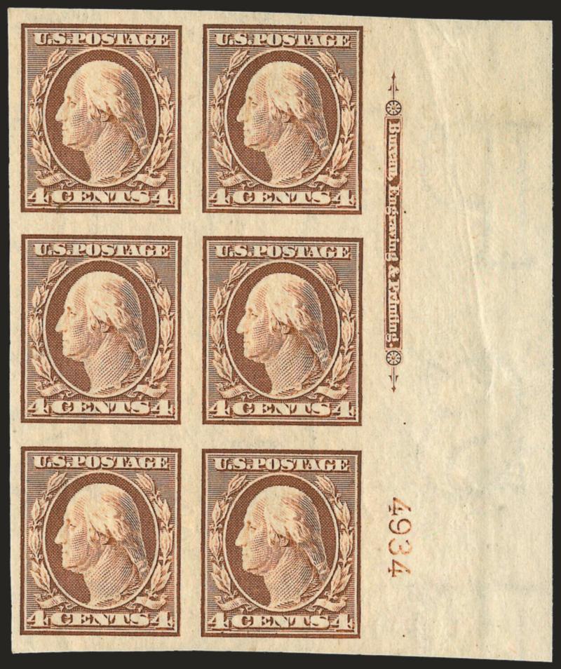 4c Orange Brown, Imperforate (346).> Matched set of four imprint and plate no. 4934 blocks of six, top and left Mint N.H., others h.r., large margins to full, bright shades, Very Fine