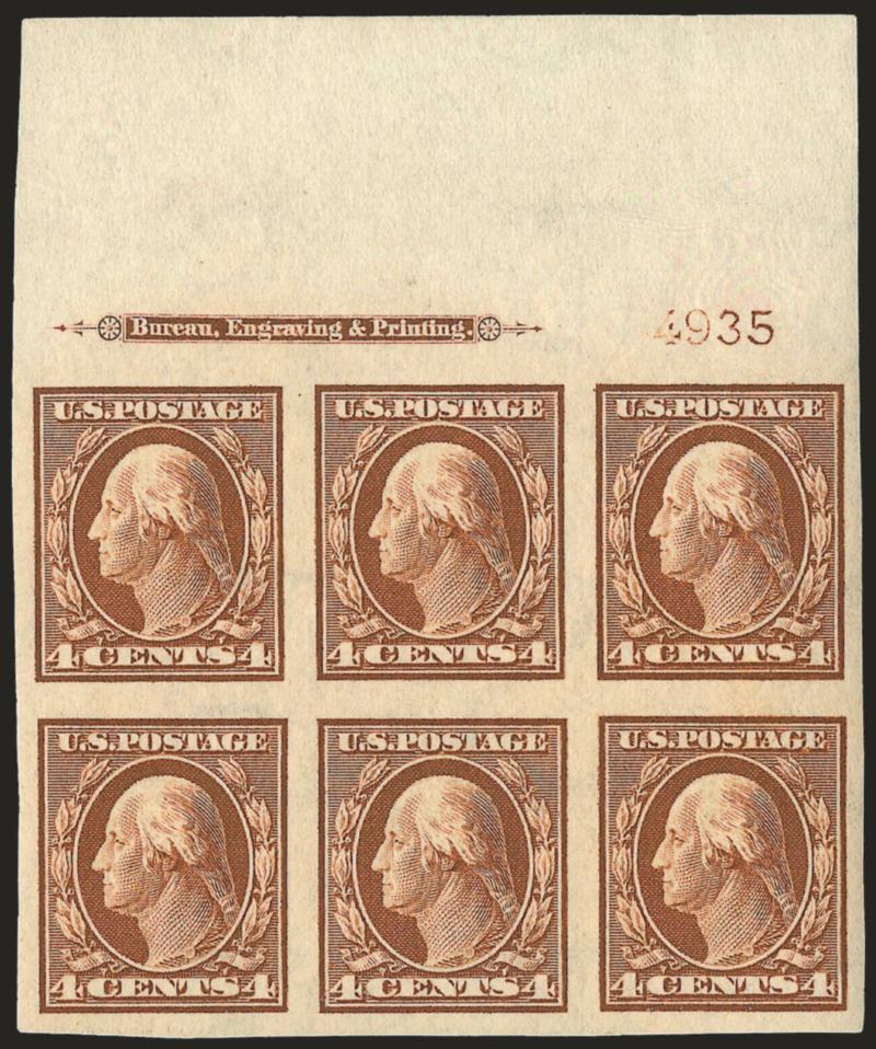 4c Orange Brown, Imperforate (346).> Matched set of four imprint and plate no. 4935 blocks of six, bottom Mint N.H., right h.r. and natural paper wrinkles, others lightly hinged, large margins, bright colors,
Very Fine