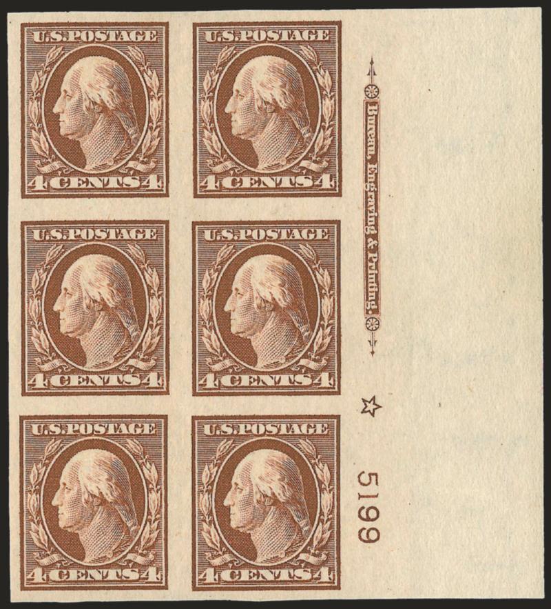 4c Orange Brown, Imperforate (346).> Matched set of four imprint, plate no. 5199 and star blocks of six, left and top h.r., others lightly hinged, large margins to full, top with diagonal crease, appear Very
Fine