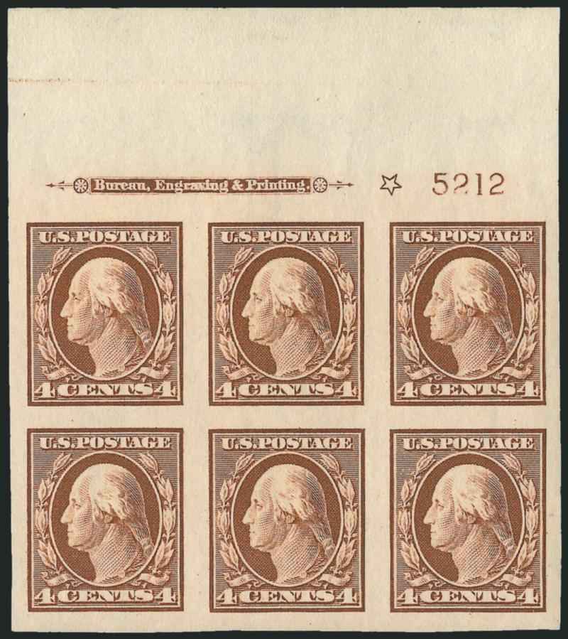 4c Orange Brown, Imperforate (346).> Matched set of four imprint, plate no. 5212 and star blocks of six, bottom h.r., huge margins, bright colors, Very Fine-Extremely Fine