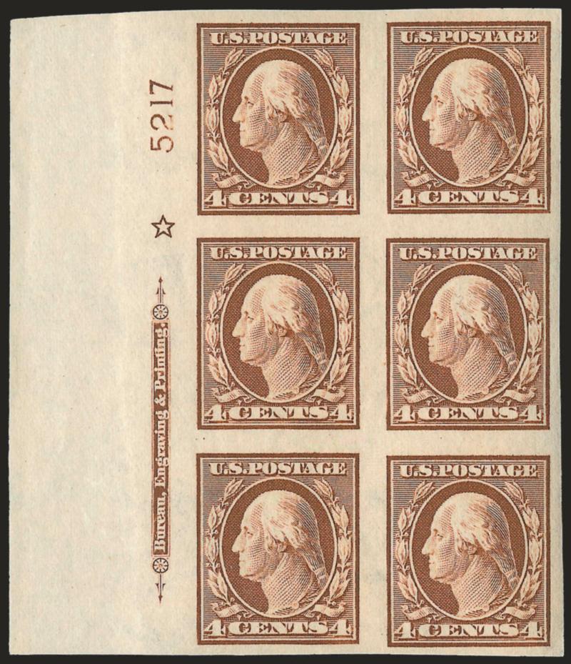 4c Orange Brown, Imperforate (346).> Matched set of four imprint, plate no. 5217 and star blocks of six, top Mint N.H., large even margins, Very Fine-Extremely Fine