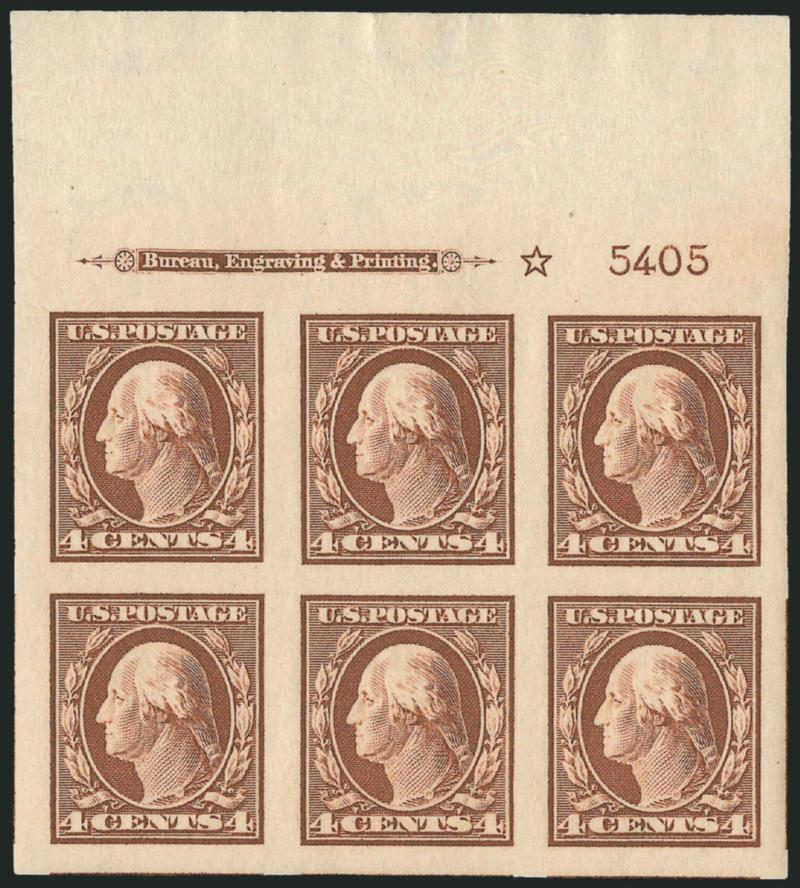4c Orange Brown, Imperforate (346).> Matched set of four imprint, plate no. 5405 and star blocks of six, right barely hinged, others small h.r., large to huge margins, bright colors, Very Fine-Extremely
Fine