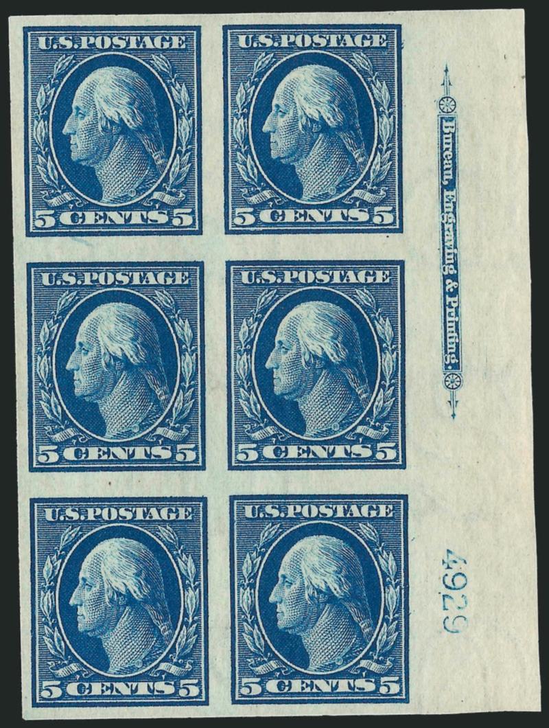 5c Blue, Imperforate (347).> Mint N.H. right imprint and plate no. 4929 block of six, large even margins, deep rich color, Very Fine and choice