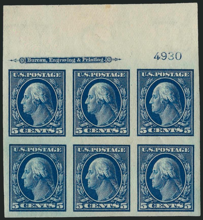 5c Blue, Imperforate (347).> Matched set of four imprint and plate no. 4930 blocks of six, most lightly hinged, top with central h.r., large even margins, Very Fine set