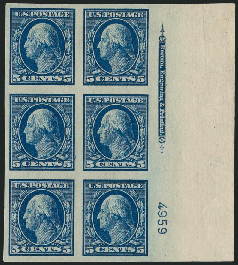 5c Blue, Imperforate (347).> Five imprint and plate no. blocks of six, plate nos. 4958 (left and bottom), 4959 (right and bottom) and 4973 (right), some stamps Mint N.H., large margins, rich colors, Very
Fine-Extremely Fine