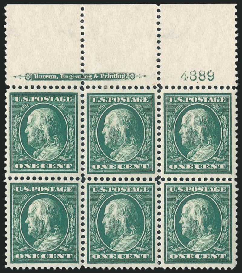 1c Green, Bluish (357).> Top imprint and plate no. 4889 block of six with wide selvage, bottom right and bottom left stamps Mint N.H., rich color, detailed impression, nicely blued paper, fresh and Extremely
Fine, scarce with such superb centering th