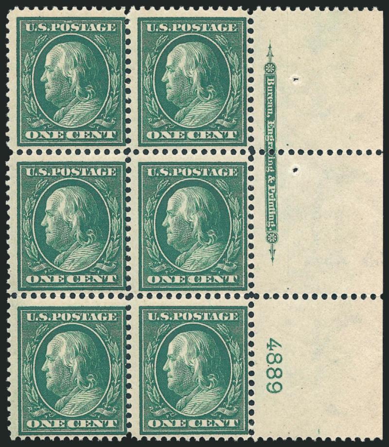 1c Green, Bluish (357).> Mint N.H. right imprint and plate no. 4889 block of six with wide selvage, intense shade and impression, fresh and Fine