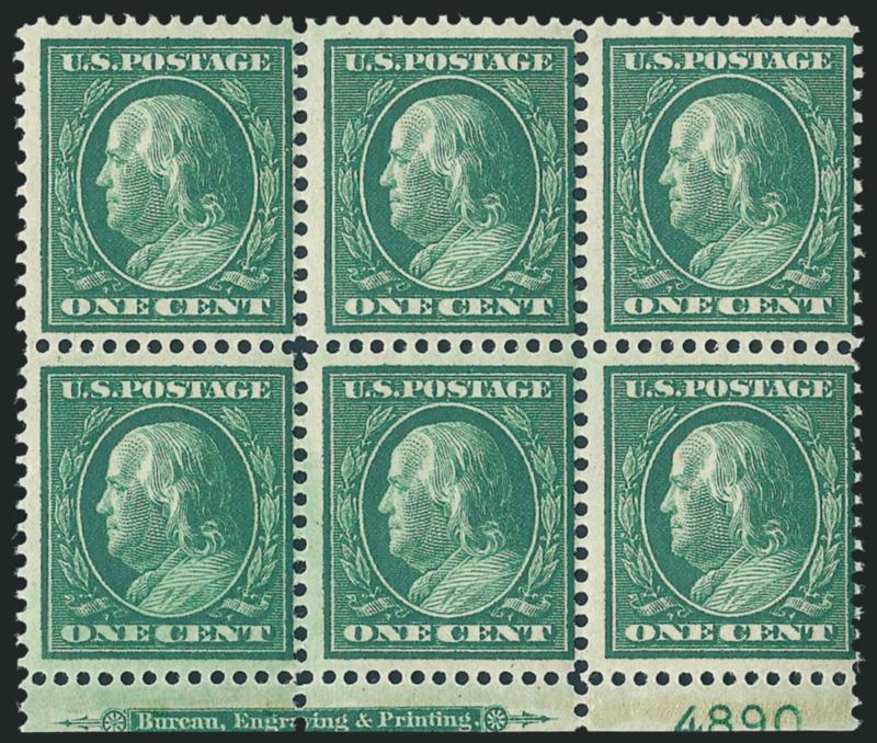 1c Green, Bluish (357).> Mint N.H. bottom imprint and plate no. 4890 block of six, intense shade on deeply blued paper, Fine, especially desirable in Mint N.H. condition