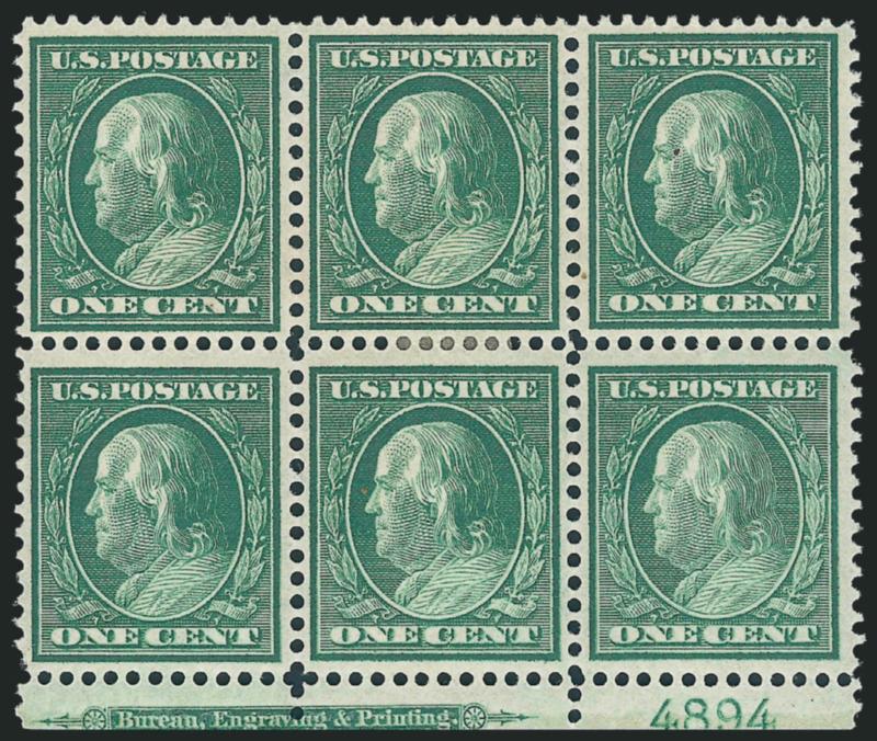 1c Green, Bluish (357).> Bottom imprint and plate no. 4894 block of six, center stamps h.r., intense shade and impression on nicely blued paper, Very Fine