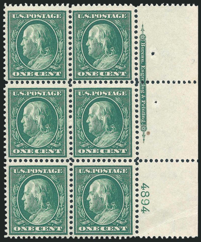 1c Green, Bluish (357).> Mint N.H. right imprint and plate no. 4894 block of six, detailed impression on nicely blued paper, tiny gum soak in center selvage near imprint, otherwise Fine-Very Fine