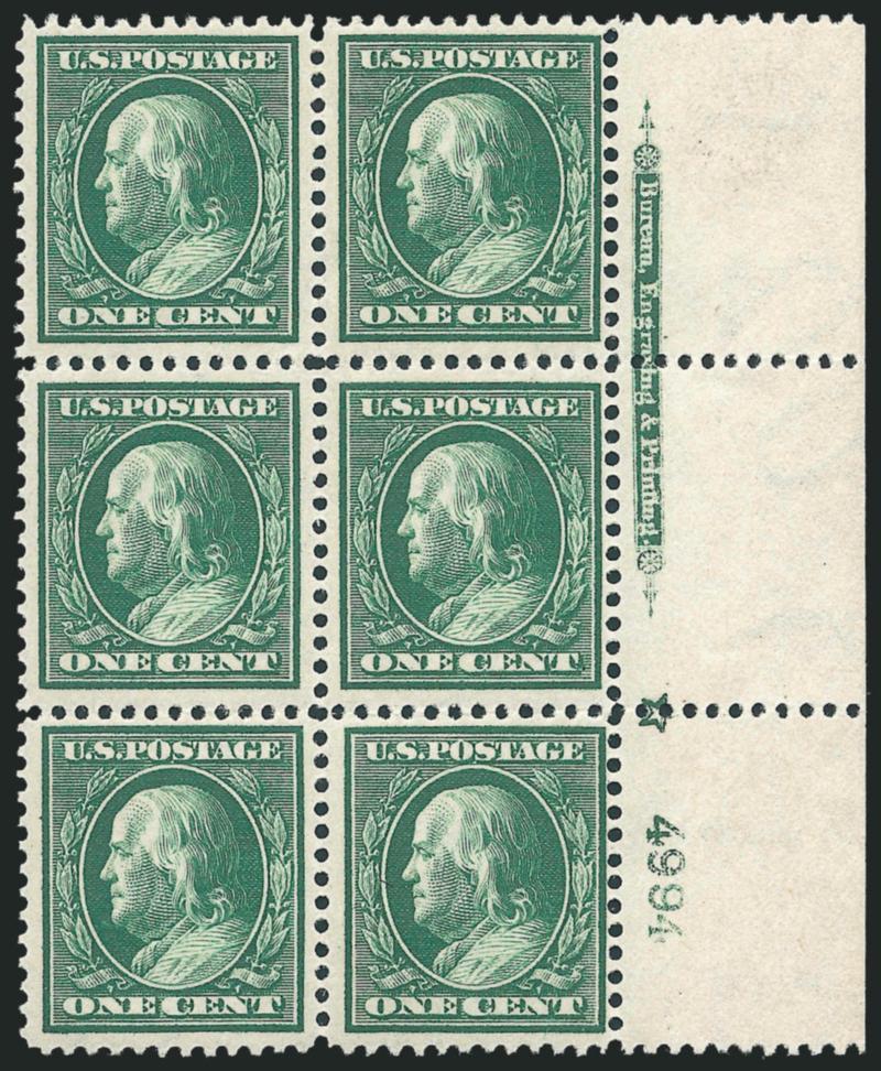 1c Green, Bluish (357).> Right imprint, plate no. 4994 and star block of six, few small h.r., detailed impression on nicely blued paper, Fine-Very Fine, scarce star plate block