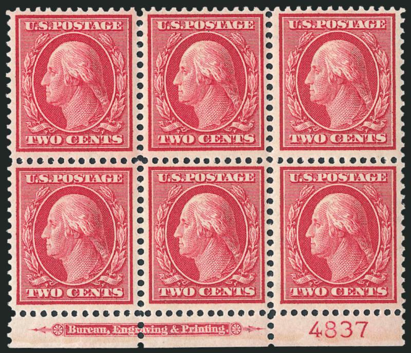 2c Carmine, Bluish (358).> Bottom imprint and plate no. 4837 block of six, rich color on deeply blued paper, couple prominent natural gum bends at top right, Very Fine