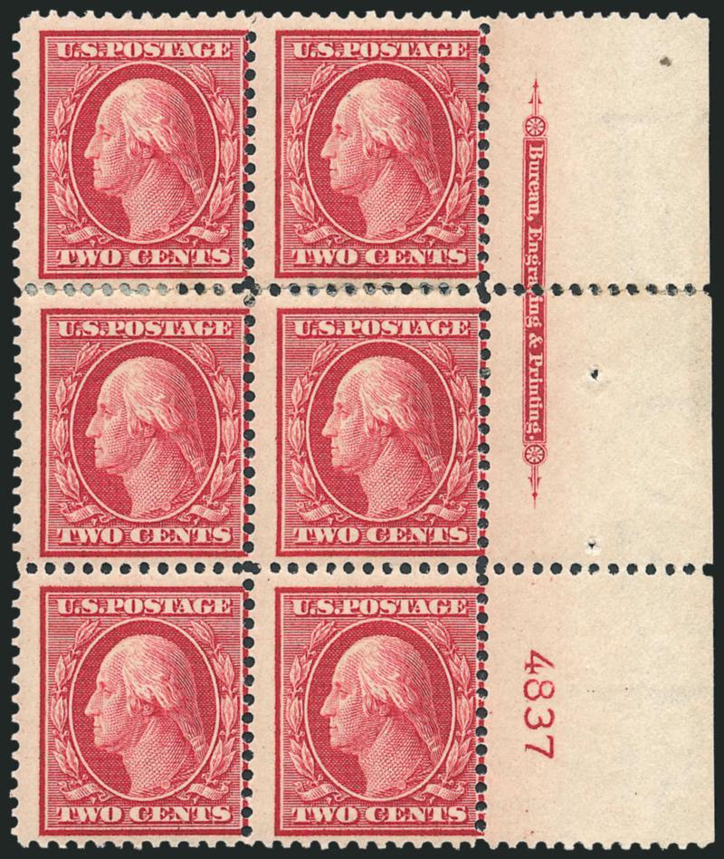 2c Carmine, Bluish (358).> Right imprint and plate no. 4837 block of six with wide selvage, h.r., bottom pair Mint N.H., clumsily rejoined along top horizontal row, otherwise Very Good, Scott Retail as plate
block