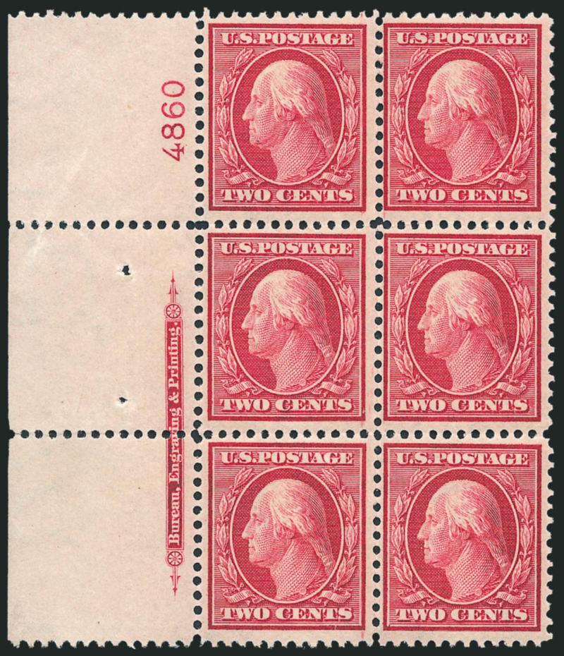 2c Carmine, Bluish (358).> Left imprint and plate no. 4860 block of six with wide selvage, lightly hinged, expertly rejoined between vertical rows, otherwise Fine, Scott Retail as plate block