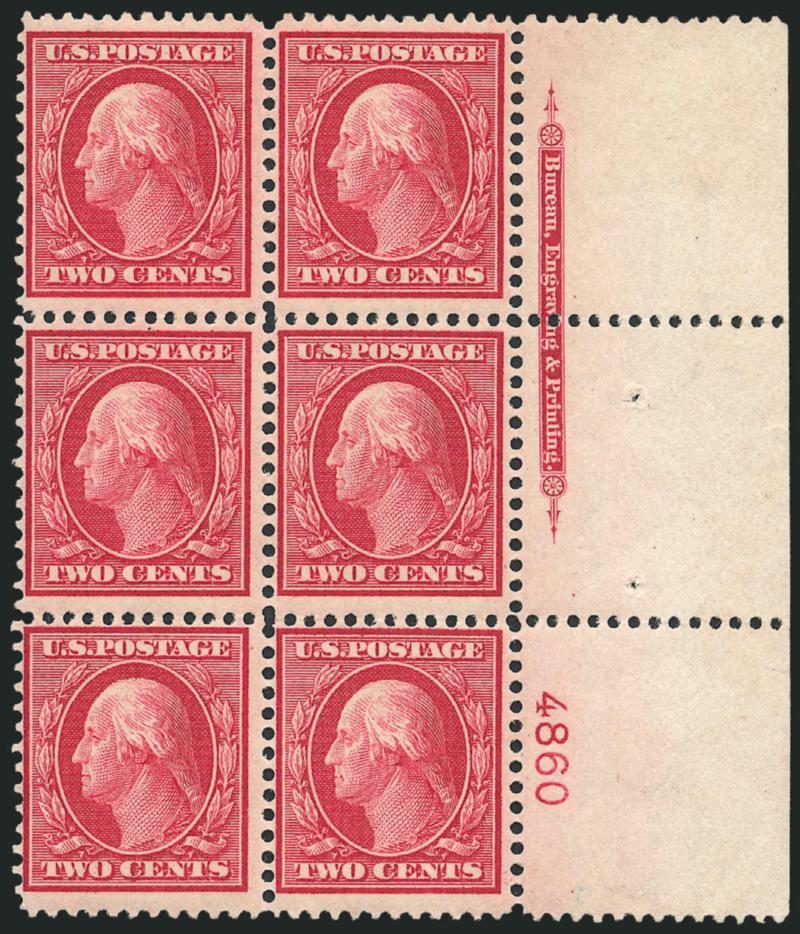 2c Carmine, Bluish (358).> Right imprint and plate no. 4860 block of six with wide selvage, bright color on deeply blued paper, fresh and Fine
