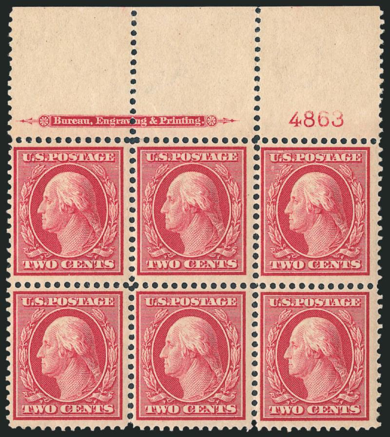 2c Carmine, Bluish (358).> Top imprint and plate no. 4863 block of six with wide selvage, top right and both center stamps Mint N.H., rich color on deeply blued paper, Fine-Very Fine, with 1988 P.F.
certificate